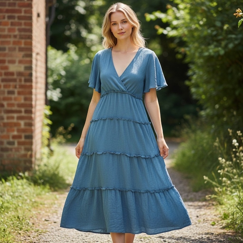Umgee Tiered Midi Dress Womens 1XL Blue Boho Ruffle V-Neck Flutter Sleeve WA6931